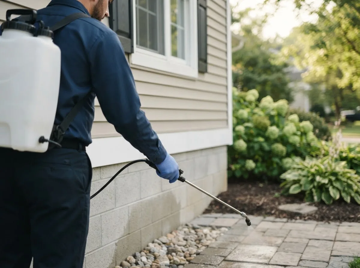 Pest control technician inspecting a home in Theresa, WI